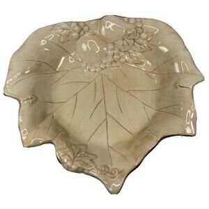 Hallmark Embossed Grape Leaf and Fruit Ceramic Bowl Wine and‎ Ivory 8 1/2"
